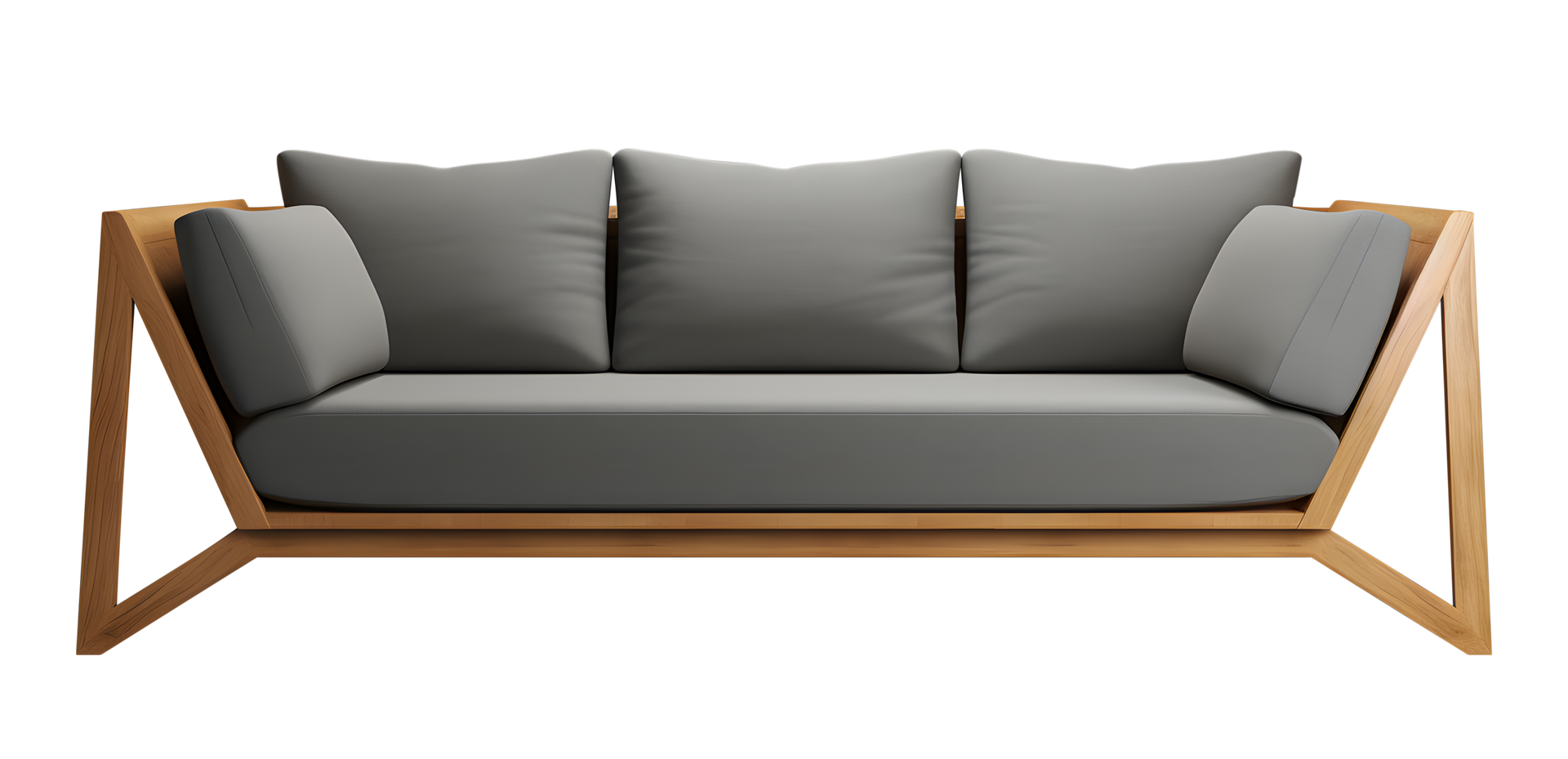 Un canapé moderne à structure en bois, avec des coussins d'assise et de dossier gris.