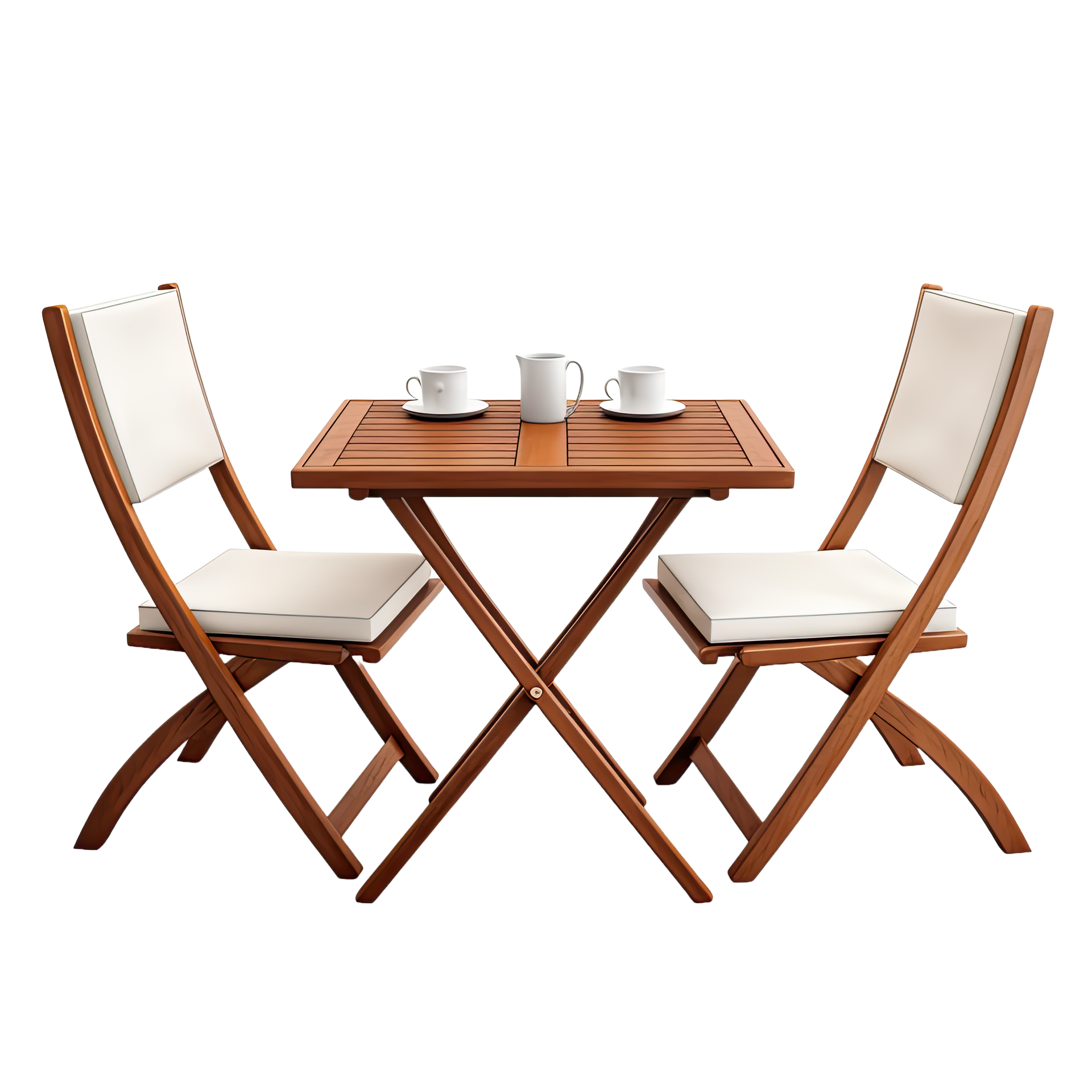 Un ensemble bistro de patio en bois avec deux chaises pliantes.