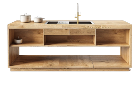 Un îlot de cuisine moderne en chêne clair avec évier intégré.