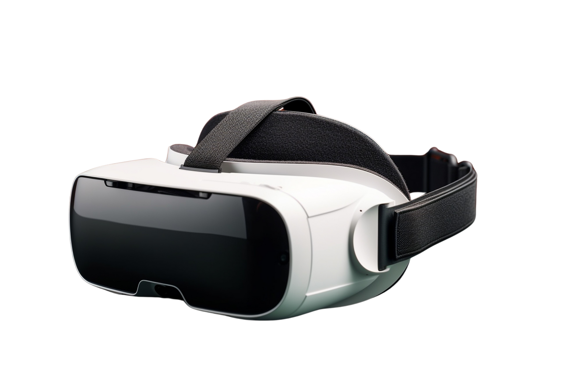 Un casque de réalité virtuelle blanc avec une façade noire et des sangles de tête réglables en tissu noir.