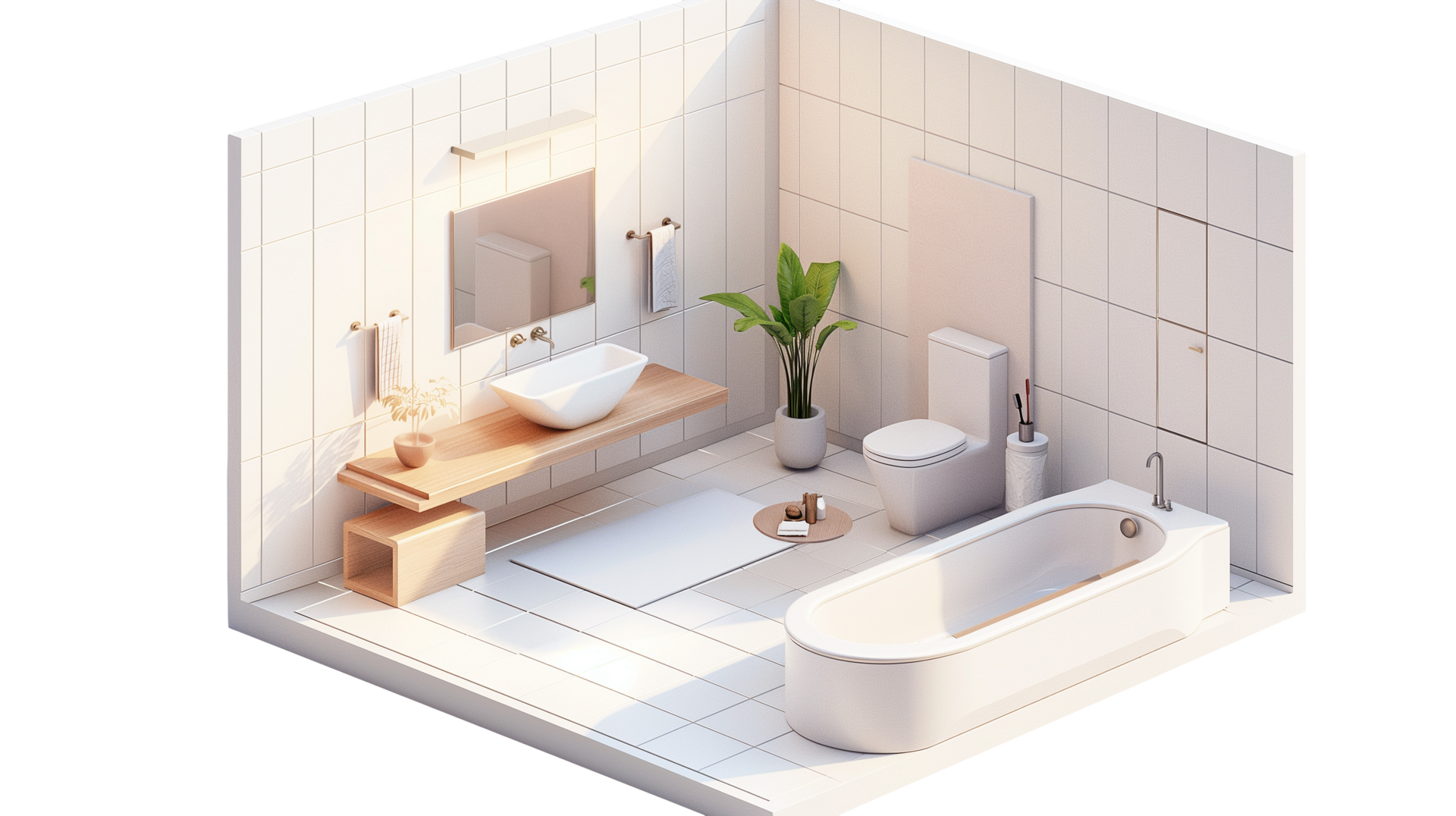 Une salle de bains minimaliste comprend une baignoire blanche, des toilettes et un lavabo.