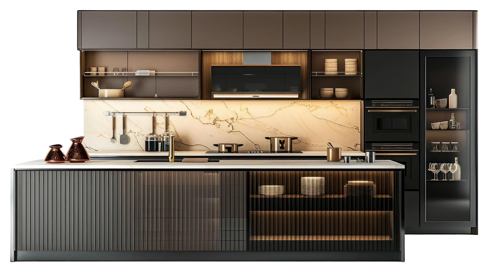 Cuisine moderne avec îlot central en bois foncé à lattes.