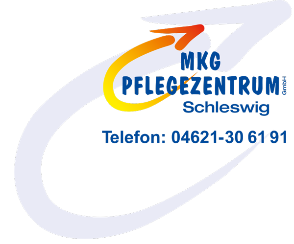Logo des MKG PFLEGEZENTRUM Schleswig mit blauem Text, orangefarbenem Schwung und Telefonnummer 04621-30 61 91