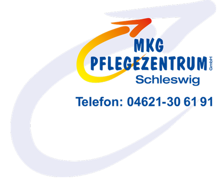 Logo des MKG PFLEGEZENTRUM Schleswig mit blauem Text, orangefarbenem Schwung und Telefonnummer 04621-30 61 91