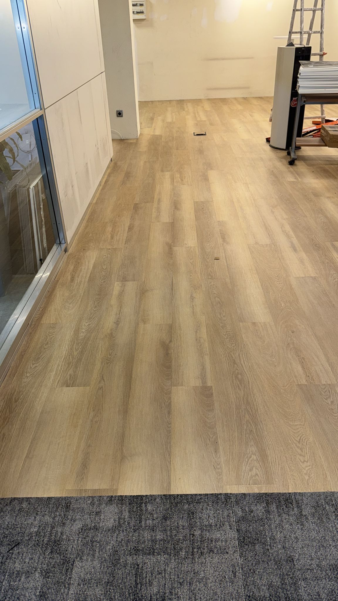 Suelo imitación madera en una habitación. Zona alfombrada en la parte inferior. Paredes y electrodomésticos al fondo.