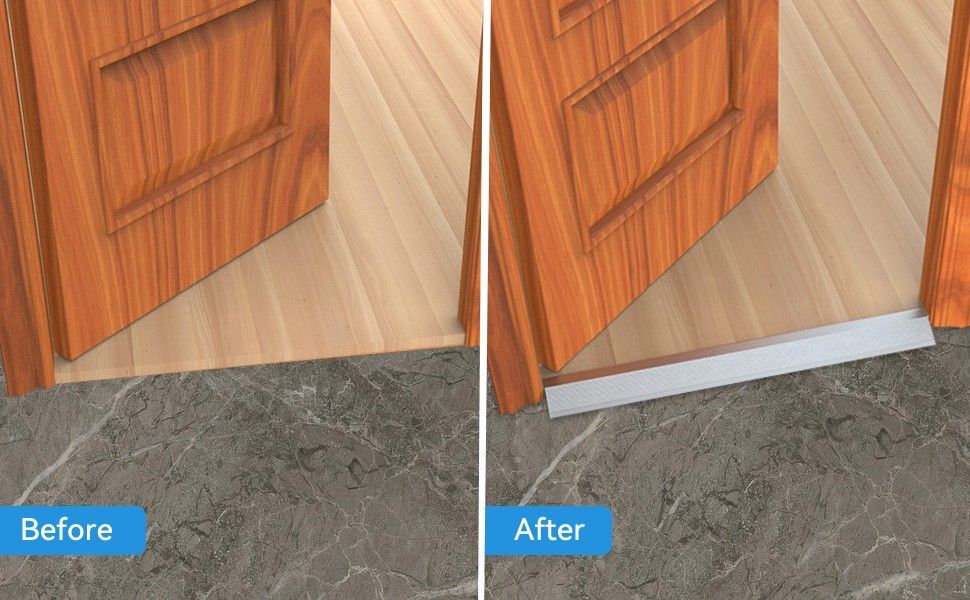 Dos vistas de una puerta con umbral instalado. Antes: huecos entre la puerta y el suelo. Después: el umbral rellena el hueco.