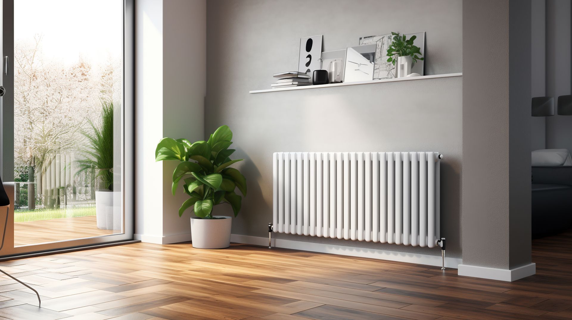 Salon moderne avec radiateur blanc, plante en pot, étagère décorative et lumière du soleil sur le parquet.
