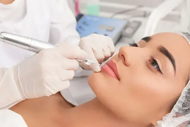 Una mujer se está haciendo un tatuaje de maquillaje permanente en los labios.