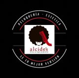 Un logotipo para Alcides Peluqueros muestra a una mujer con un afro y un peine.