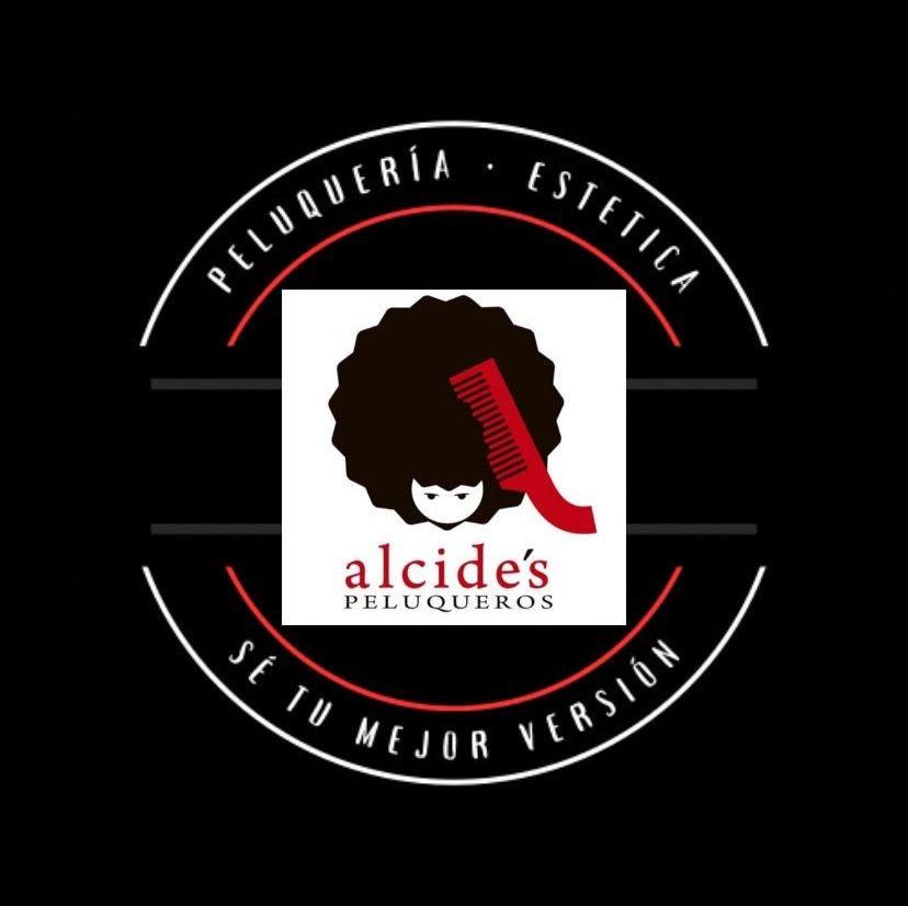 Un logotipo para Alcides Peluqueros muestra a una mujer con un afro y un peine.