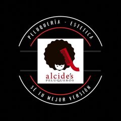 Un logotipo para Alcides Peluqueros muestra a una mujer con un afro y un peine.