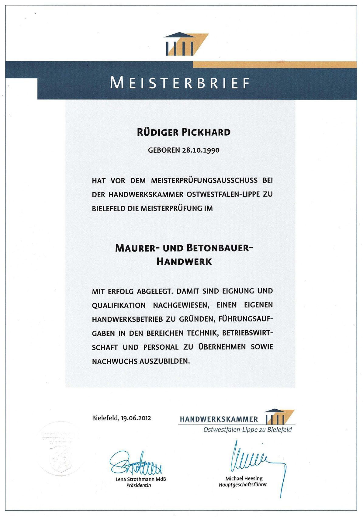 Ein Zertifikat mit der Aufschrift Meisterbrief
