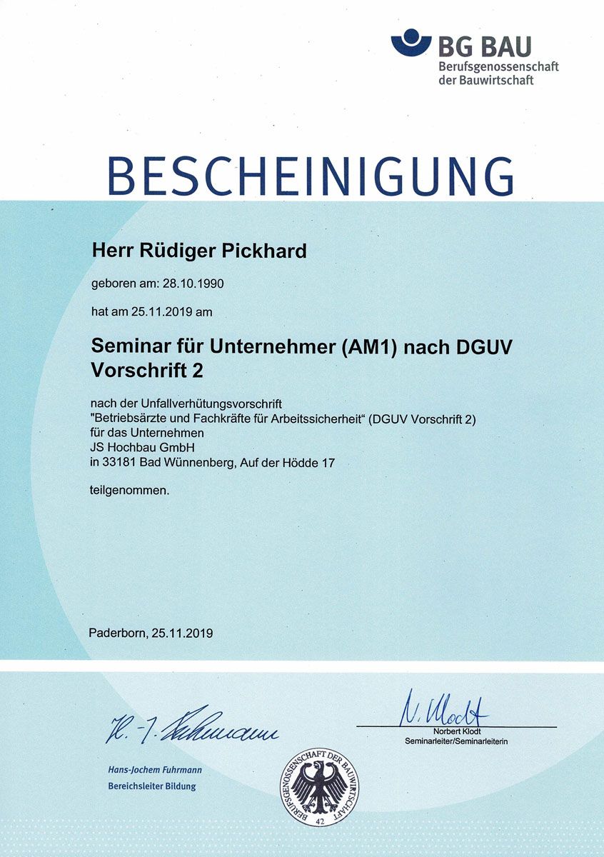 Eine blaue Urkunde mit dem Wort Bescheinigung darauf