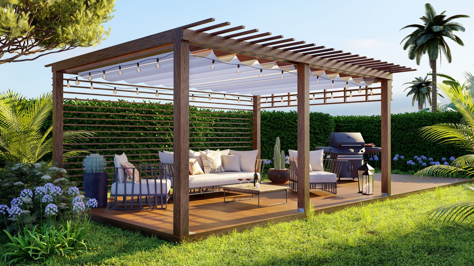 Pergola en bois sur mesure avec un voile blanc
