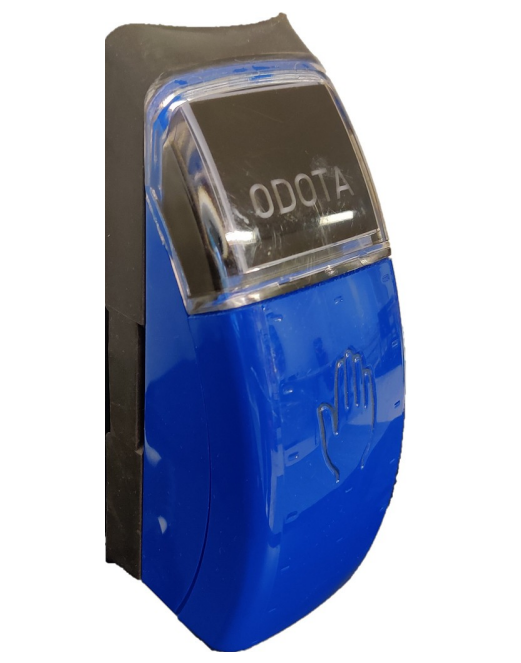 Sinimusta elektroninen laite, jossa on kosketusherkkä pinta, mahdollisesti kontaktiton painike.