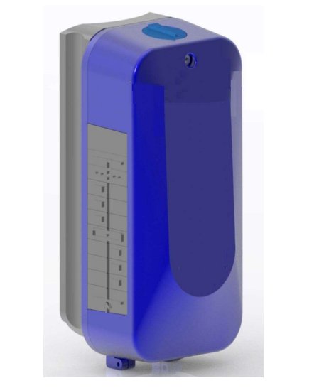 Sinimusta elektroninen laite, jossa on kosketusherkkä pinta, mahdollisesti kontaktiton painike.