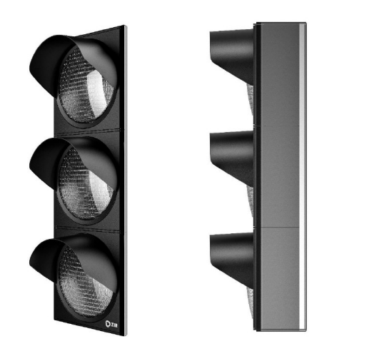 Liikennevalo, jossa on kolme pyöreää valoa, sivulta ja edestä.