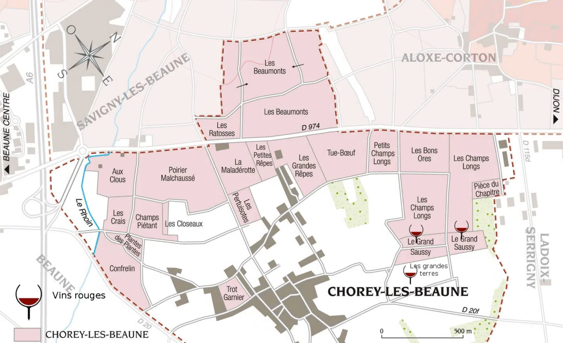 Carte des vignobles de Chorey-les-Beaune en Bourgogne, France.