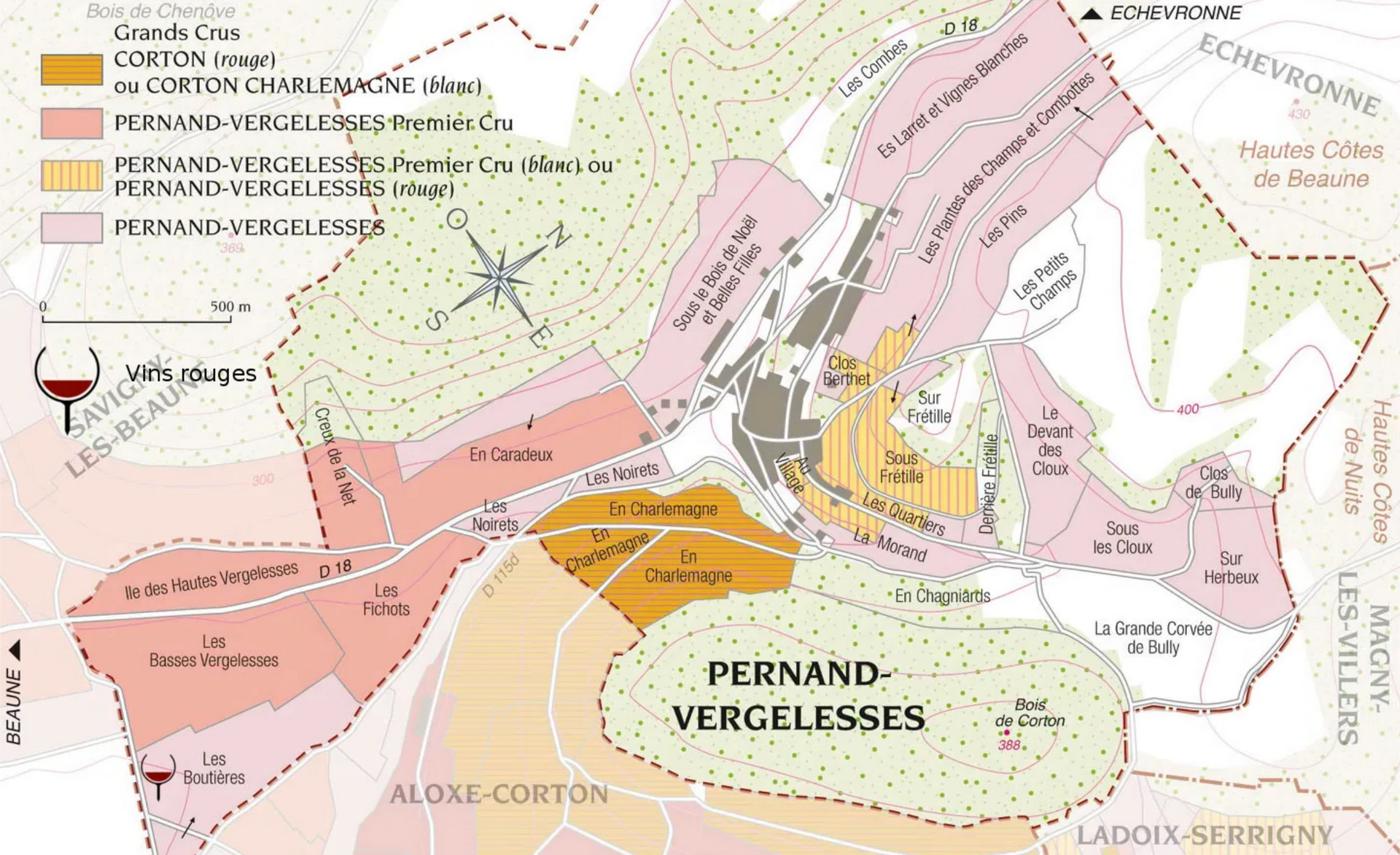 Carte des vignobles de Pernand-Vergelesses, en France.
