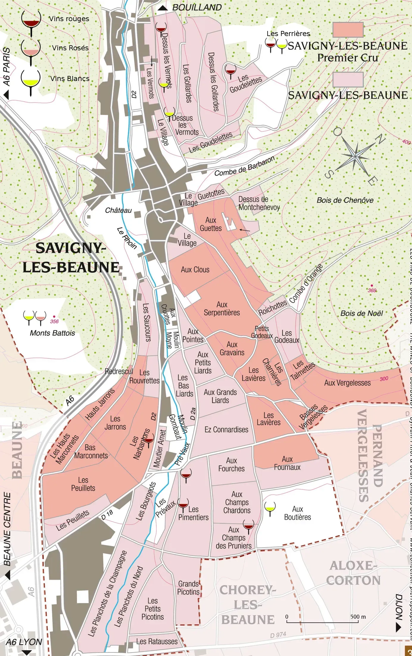 Carte de Savigny-lès-Beaune, France, avec des zones colorées mettant en évidence les vignobles et les détails de la ville.