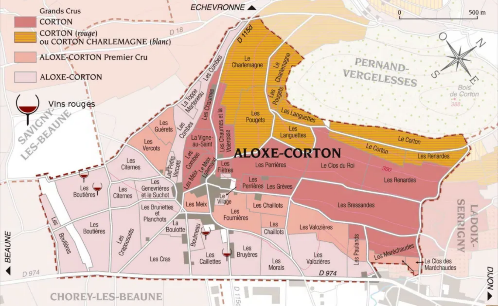 Carte du vignoble d'Aloxe-Corton en Bourgogne, France, montrant les parcelles Grand Cru en différentes couleurs.