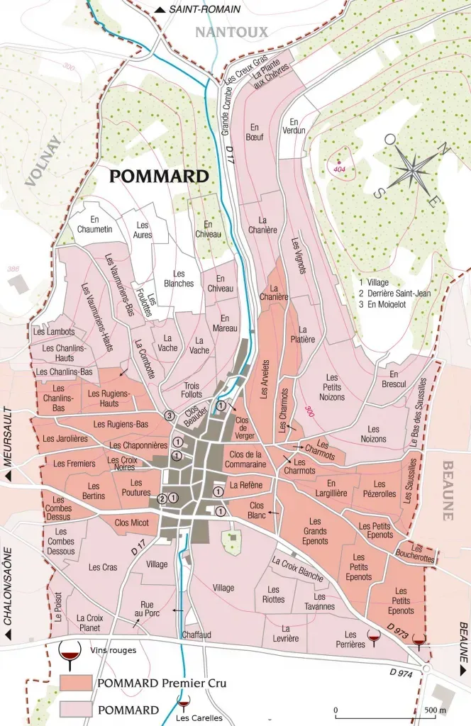 Carte de la région viticole de Pommard, en Bourgogne, France, montrant les vignobles et les appellations Premier Cru.