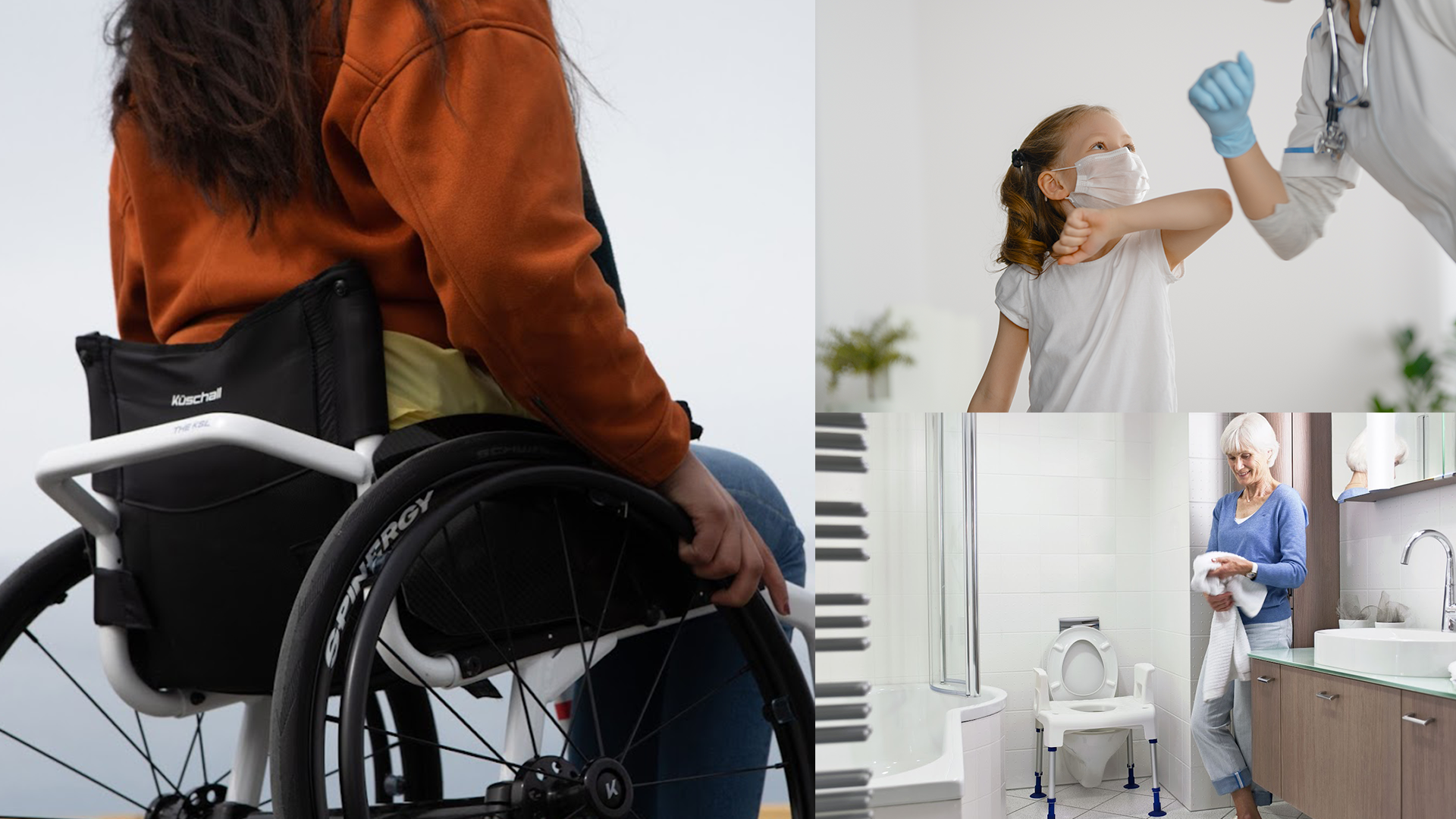 Montage de 3 photos : femme en fauteuil, salut du coude et une salle de bains
