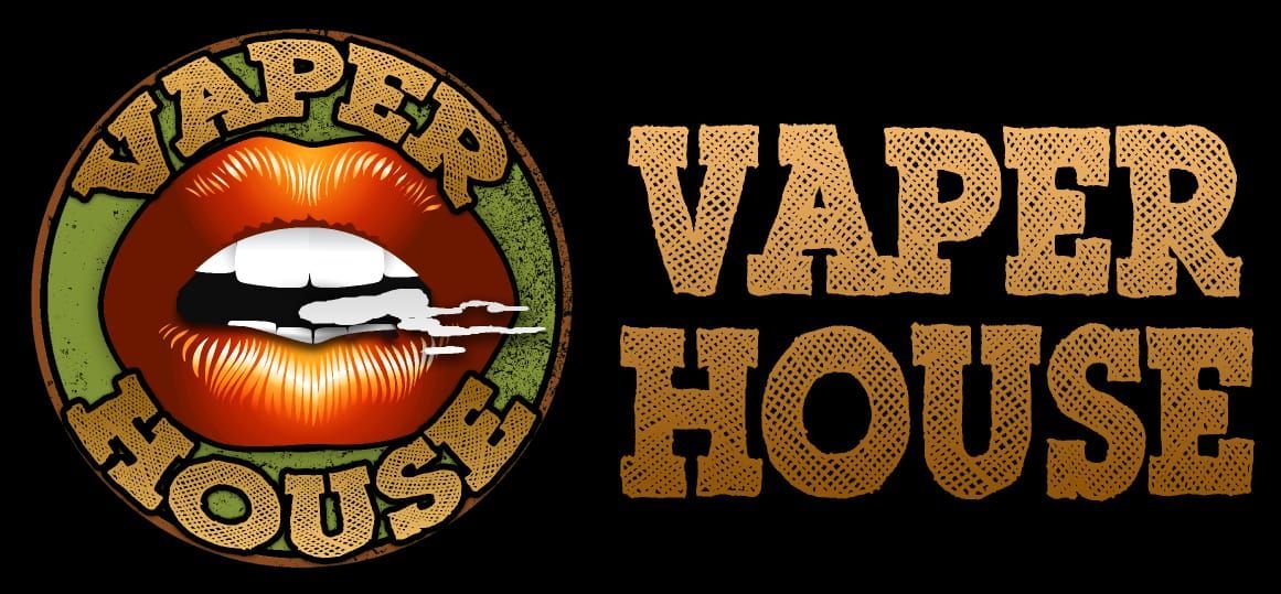Logotipo de "Vaper House" que presenta una boca con vapor y texto sobre un fondo negro.