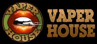 Logotipo de "Vaper House" que presenta una boca con vapor y texto sobre un fondo negro.