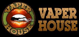 Logotipo de "Vaper House" que presenta una boca con vapor y texto sobre un fondo negro.
