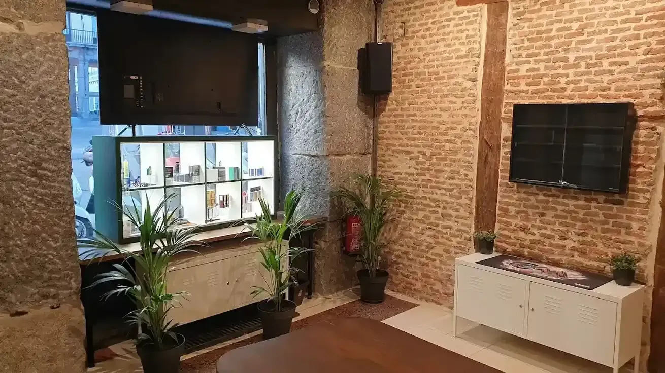 Interior con paredes de ladrillo, TV, plantas y un mueble blanco.