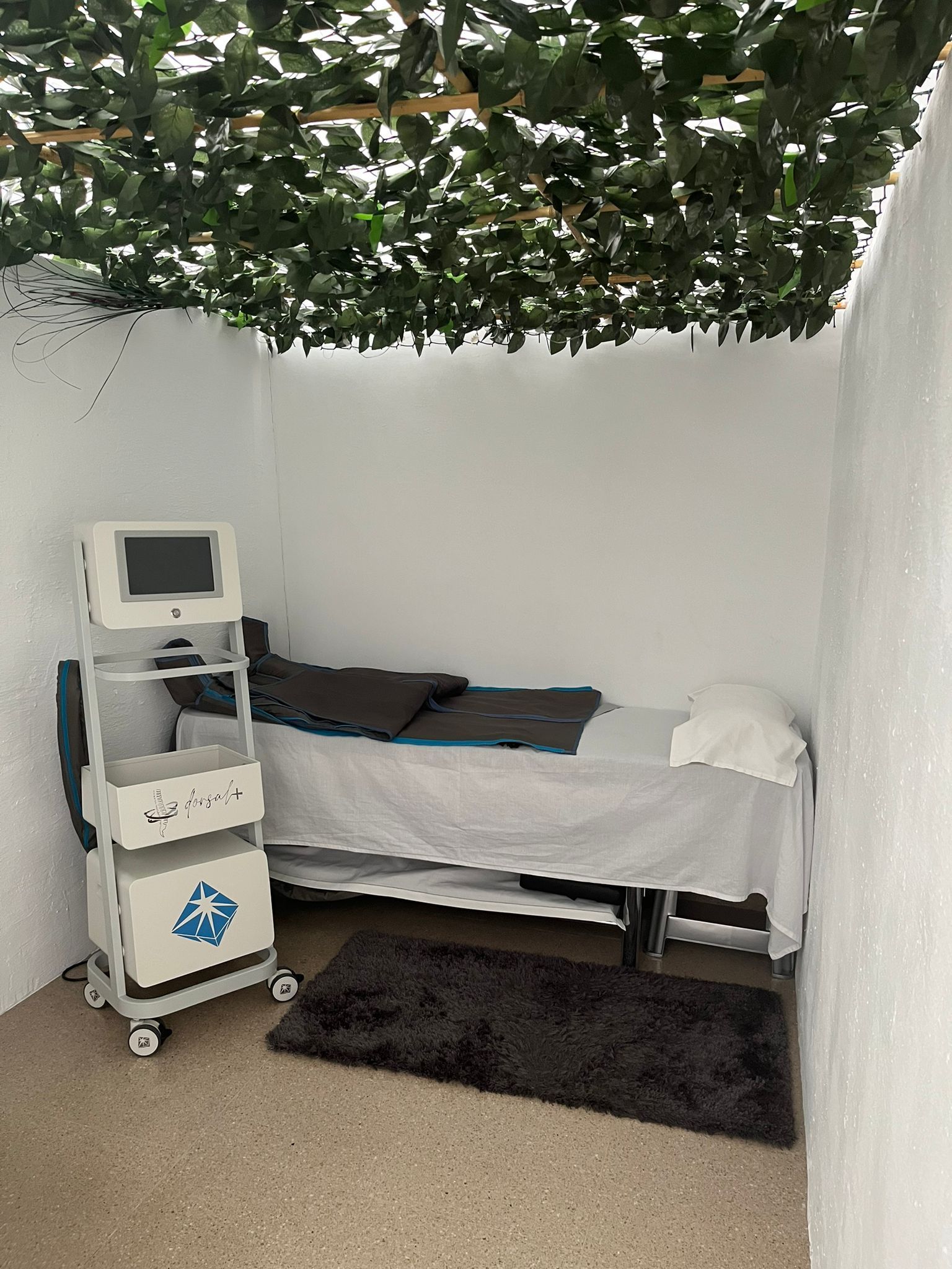 Una habitación con una cama y una máquina dentro.