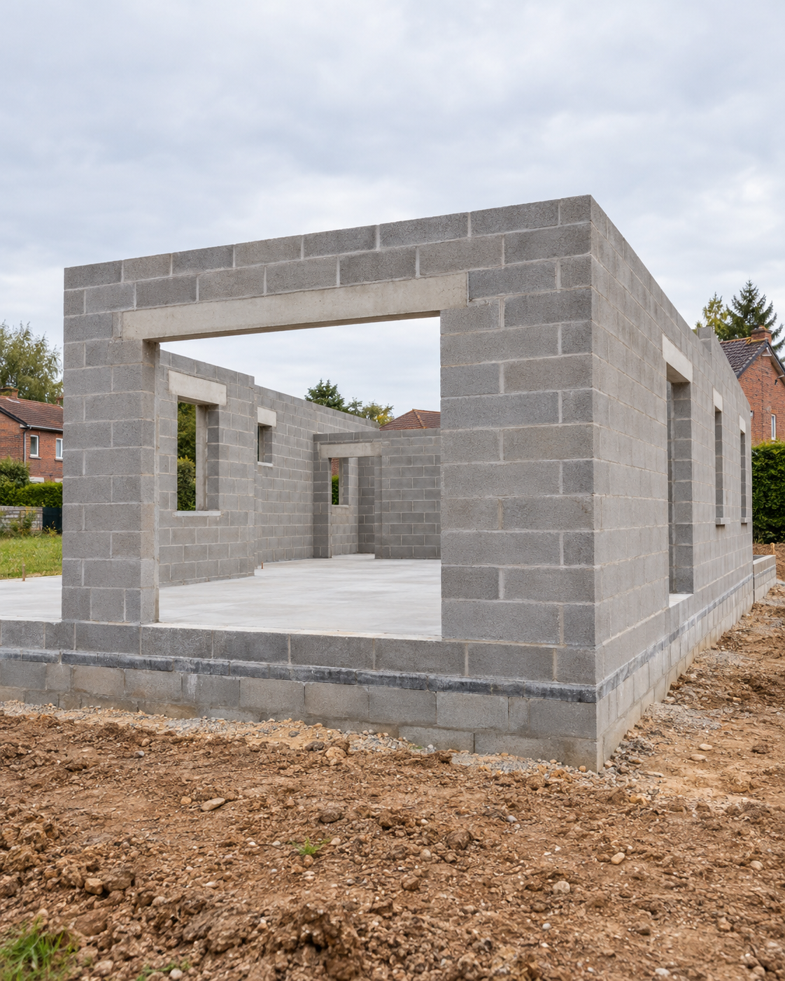 Des ouvriers du bâtiment travaillent sur des échafaudages à côté d'un bâtiment en béton en rénovation.
