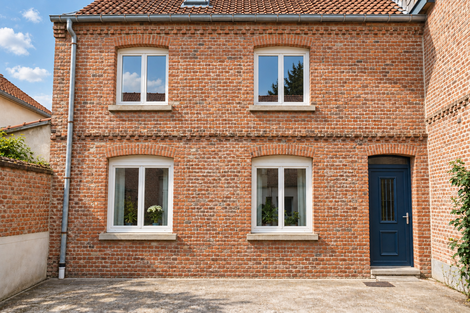 Vue de face d’une maison en briques rouges, avec des fenêtres à encadrement blanc et une porte bleu foncé