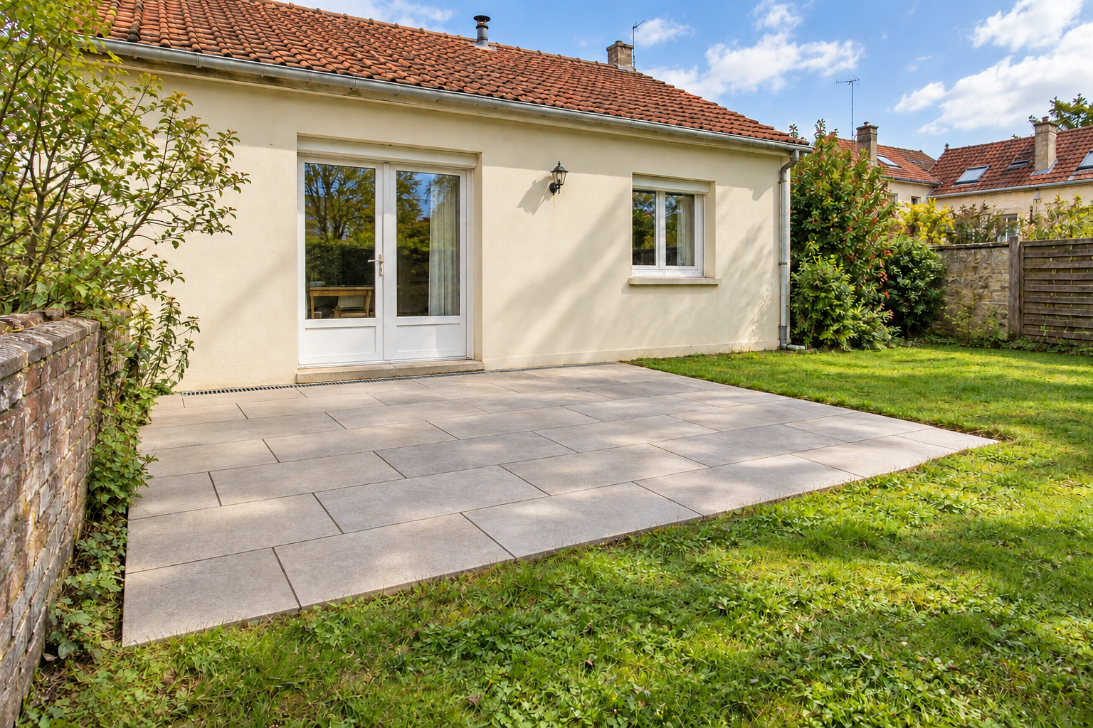 Patio dans un jardin avec dallage en pierre, pelouse et maison couleur crème dotée de portes-fenêtres donnant sur le patio