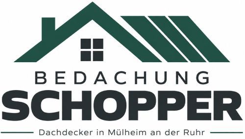 Logo f&uuml;r Roofing Schopper, eine gr&uuml;ne Dachgrafik mit schwarzem Text und Untertitel &bdquo;Dachdecker in M&uuml;lheim an der Ruhr&ldquo;