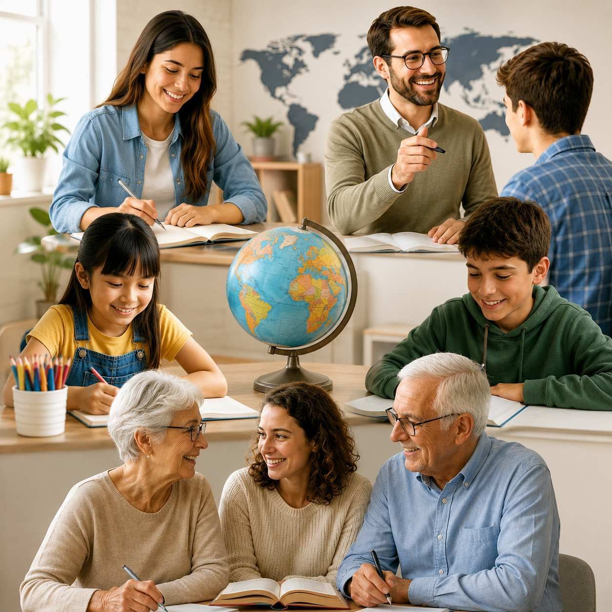 Escena de un aula con un globo terráqueo, estudiantes y profesores estudiando y debatiendo juntos.