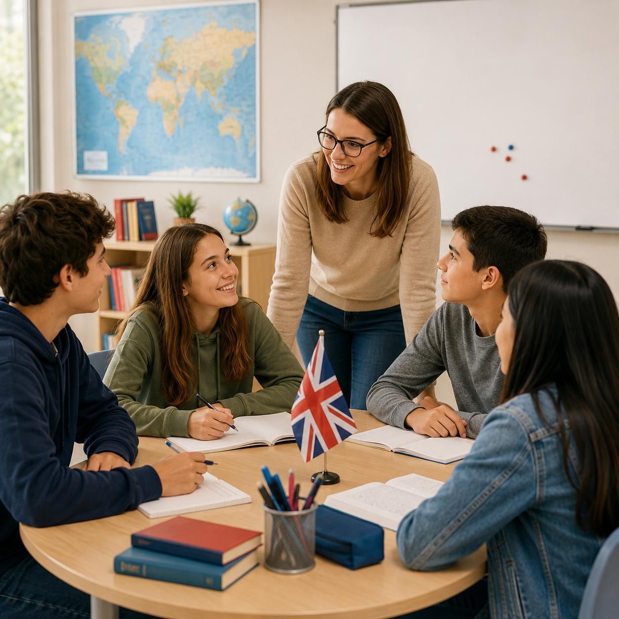 Un profesor ayuda a sus alumnos en un aula, alrededor de una mesa con libros, papeles y una pequeña bandera del Reino Unido.