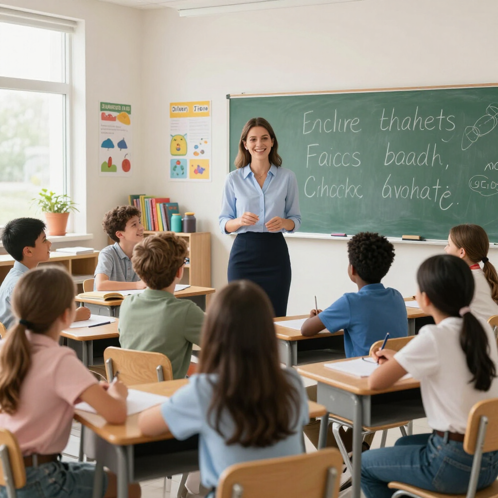 Profesora dirigiendo una clase en la pizarra con alumnos sentados en sus pupitres.
