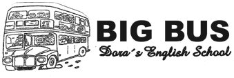Logotipo en blanco y negro de un autob&uacute;s con el texto &ldquo;BIG BUS&rdquo; y &ldquo;Dona's English School&rdquo;.