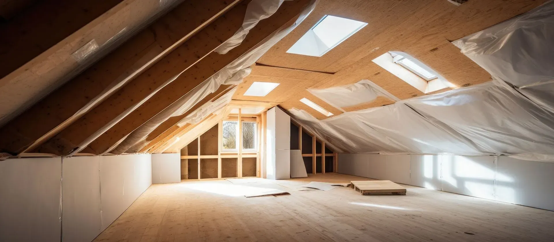 Combles vides avec plafond en bois en pente, fenêtres de toit et murs blancs en cours de rénovation