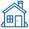 Un dibujo lineal de una casa con chimenea y ventanas.