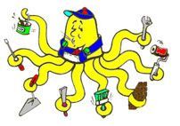 Un pulpo de dibujos animados con muchos tentáculos sostiene herramientas.