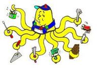 Un pulpo de dibujos animados con muchos tentáculos sostiene herramientas.