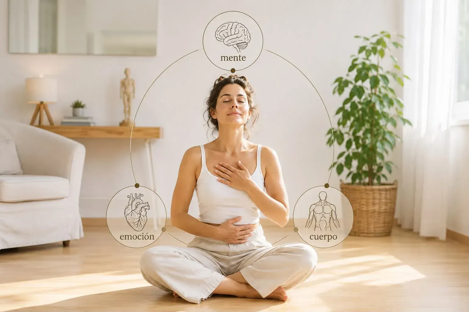 Mujer meditando con las piernas cruzadas en una luminosa sala de estar rodeada de símbolos de chakras.