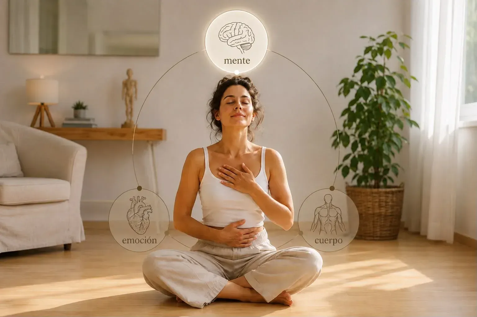 Mujer meditando con las piernas cruzadas en una sala de estar iluminada por el sol