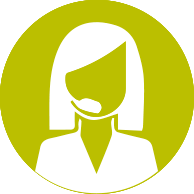 Un icono blanco de una mujer que lleva unos auriculares en un círculo verde.