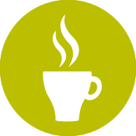 Una taza de café con vapor saliendo de ella en un círculo verde.