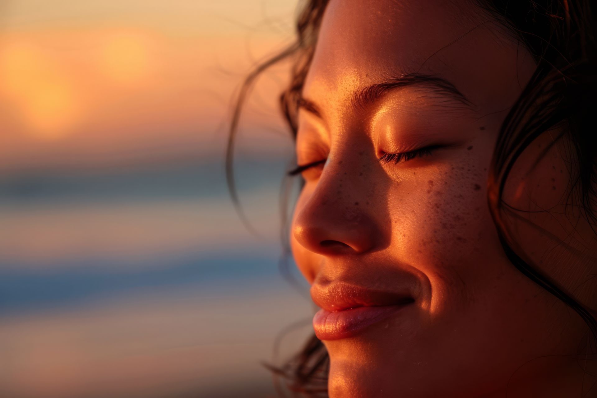 Mujer con blusa blanca y pantalón negro sentada en un sillón, sonriendo, en el interior.