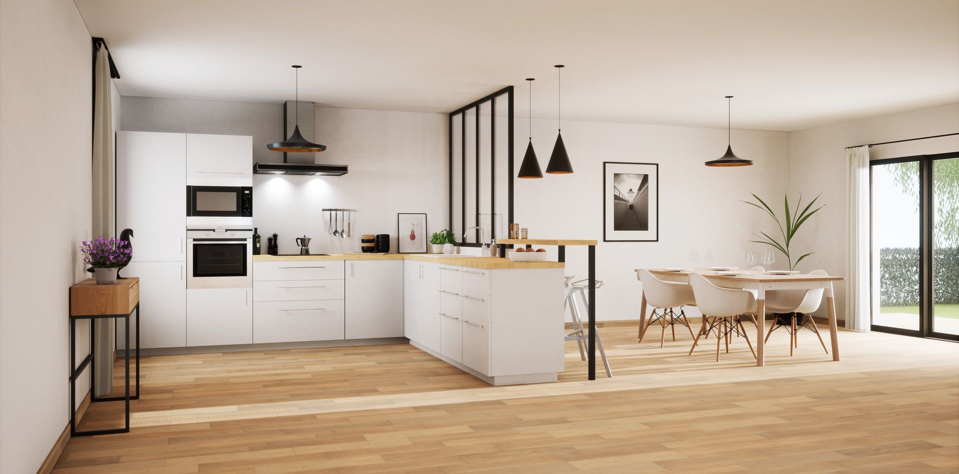 Cuisine ouverte avec du parquet au sol.